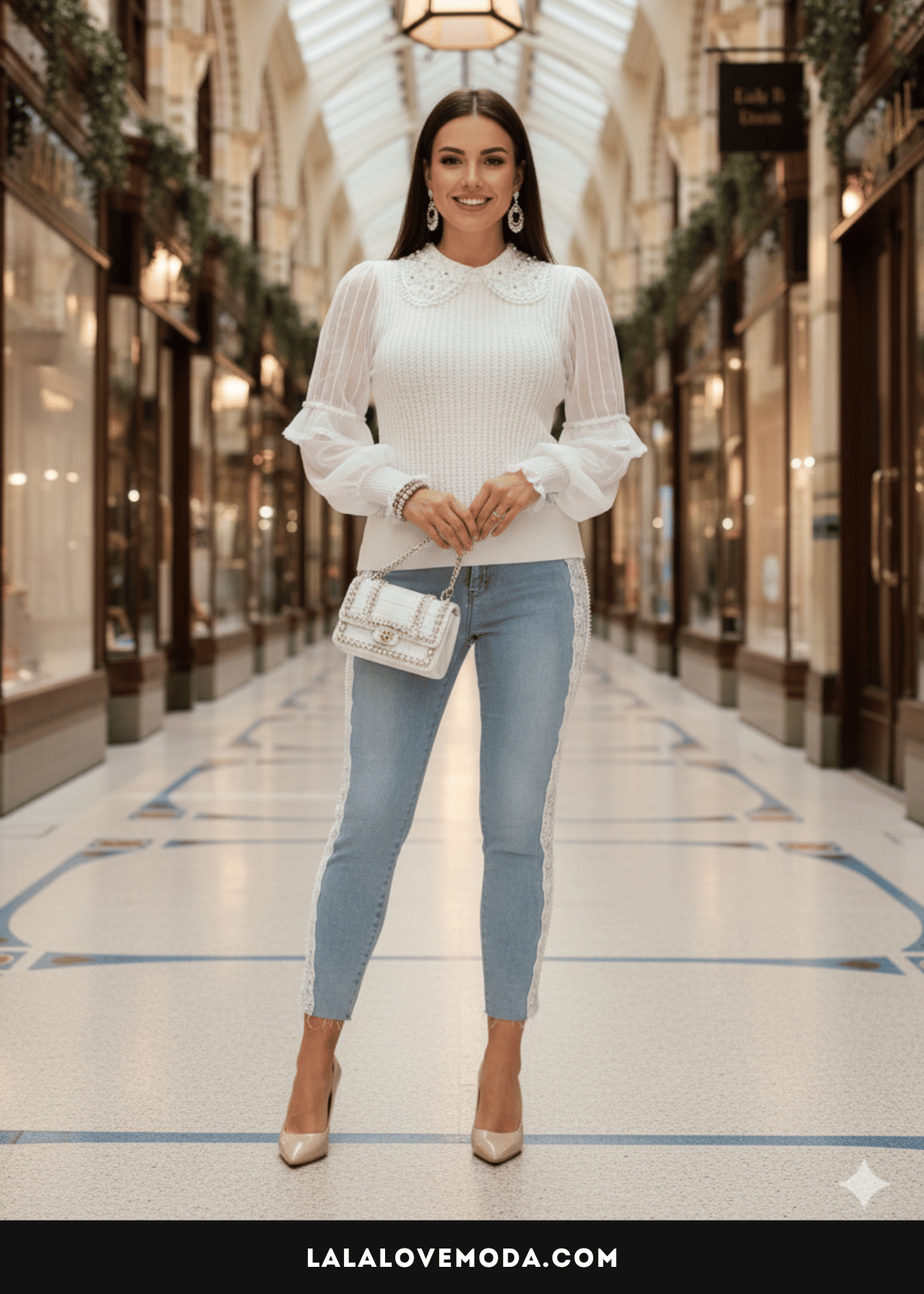 Going out outfits for 40 yea olds White dressy sweater and pearl jeans