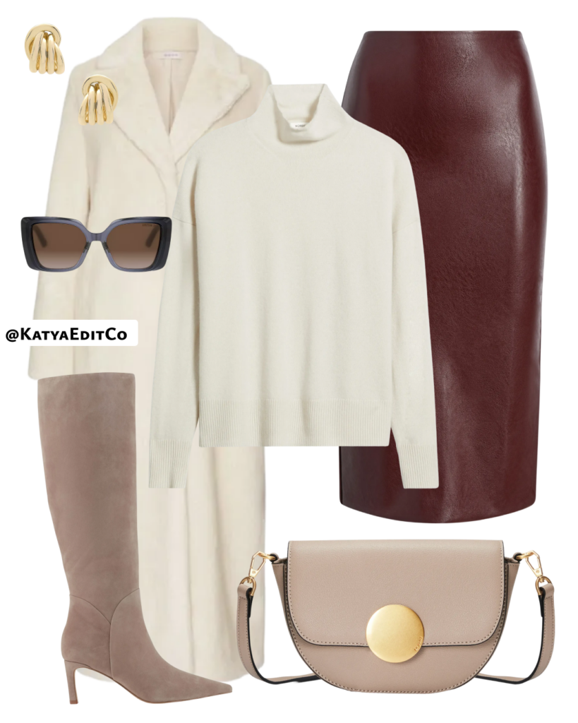 Winter leather skirt outfit burgundy Midi leather skirt