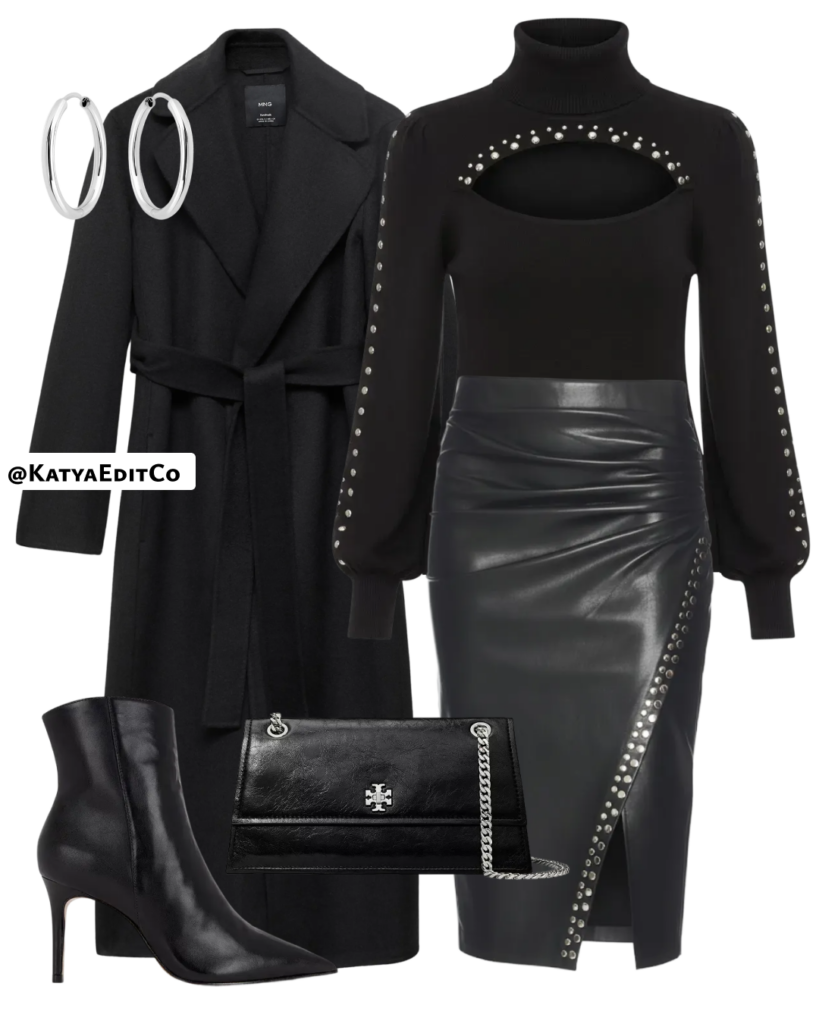 Black leather skirt outfit idea - Leather skirt with slit - winter going out outfits