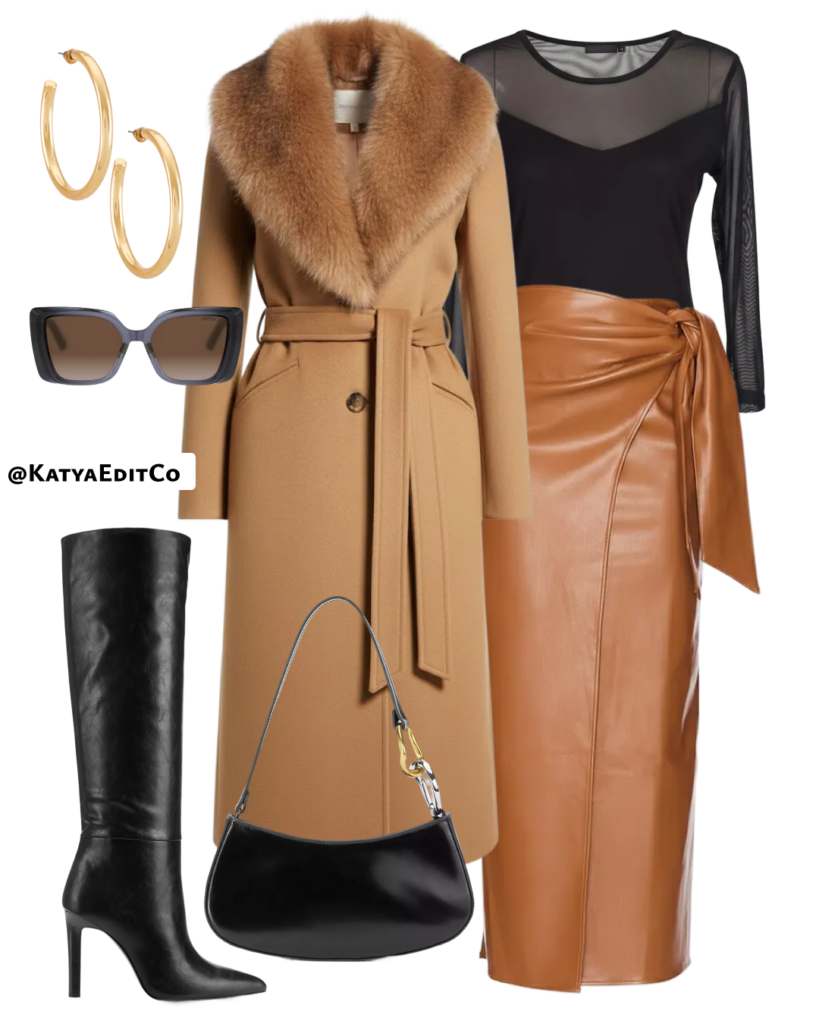 Brown leather skirt outfit idea for women - maxi leather skirt