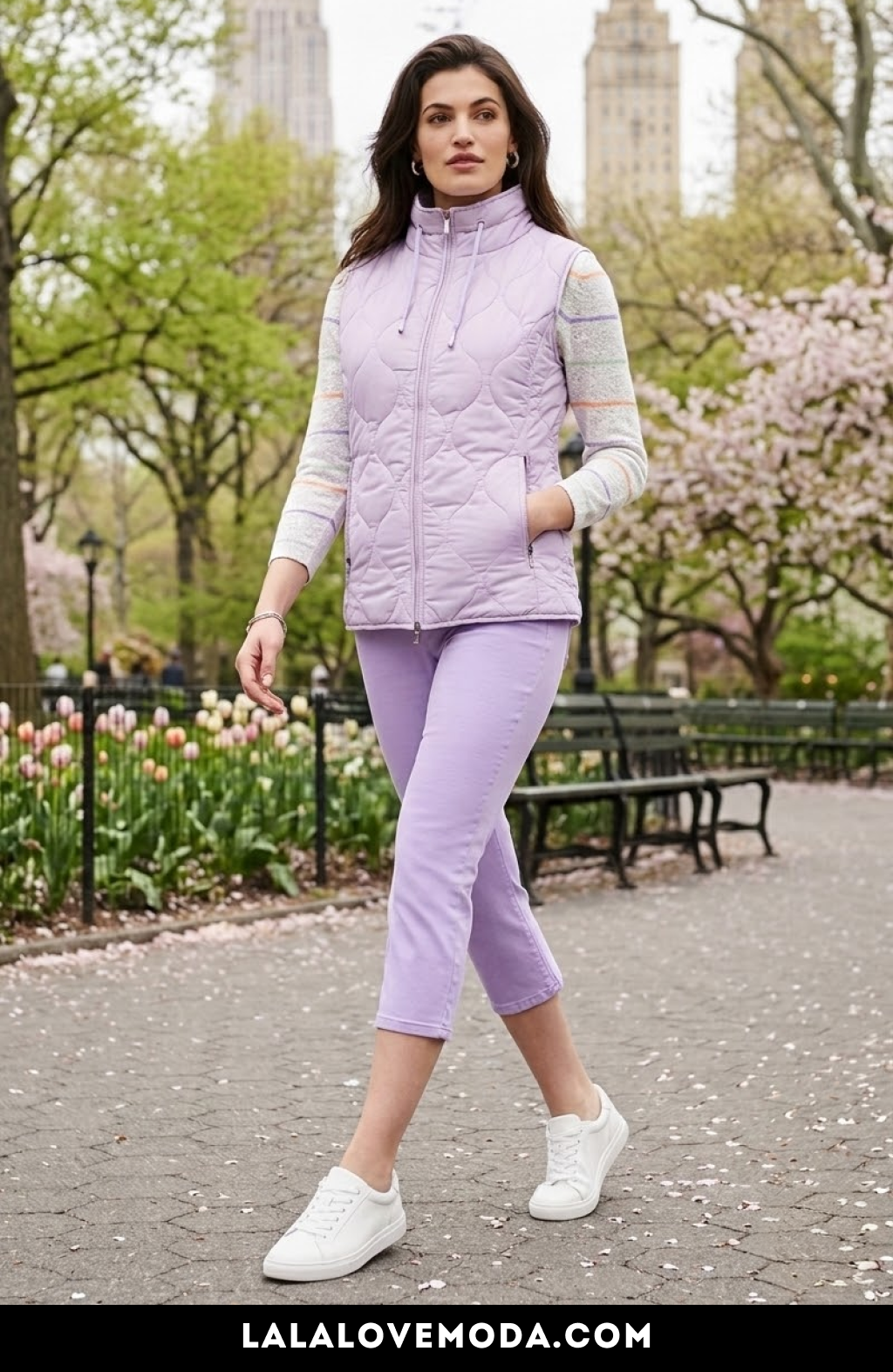 spring outfit for women lavender quilted vest outfit for women with cropped pants and white sneakers 