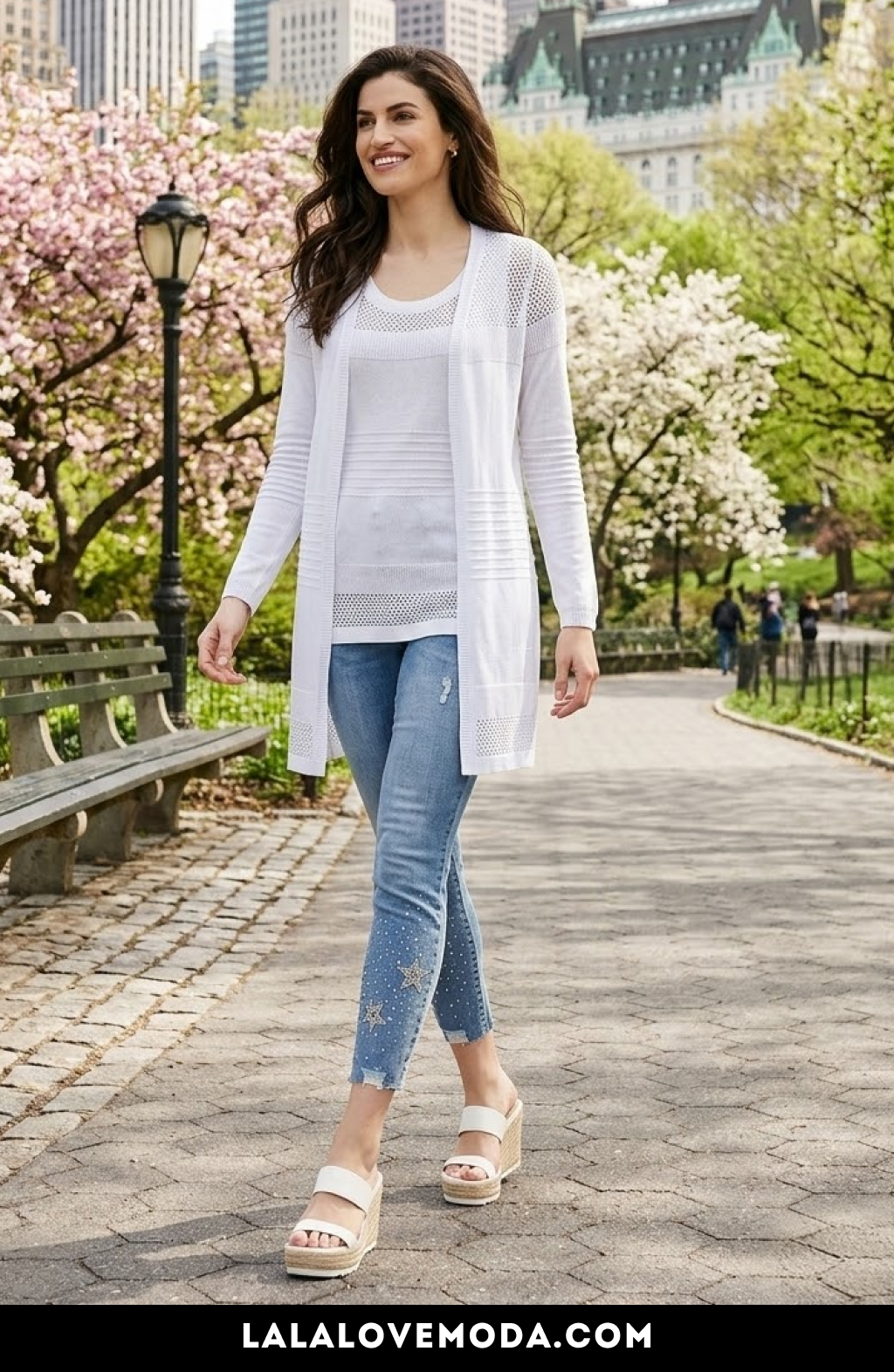 casual spring outfit for women grey cardigan with cropped embellished jeans 
