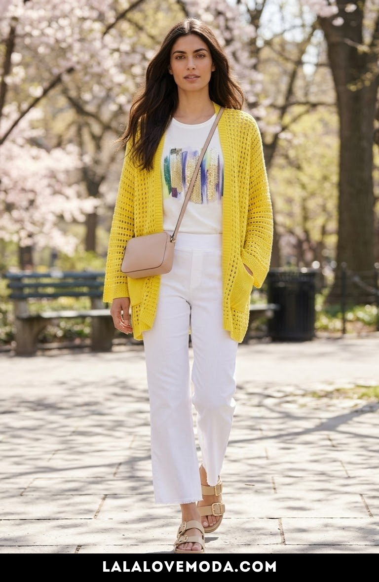 spring outfit idea for women yellow cardigan outfit with white pants 