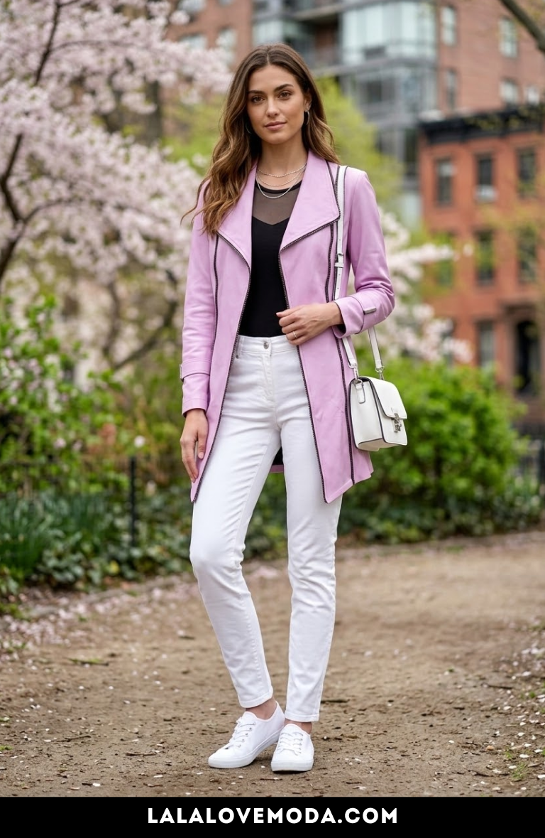 spring outfit idea for women chic lilac leather coat with white jeans