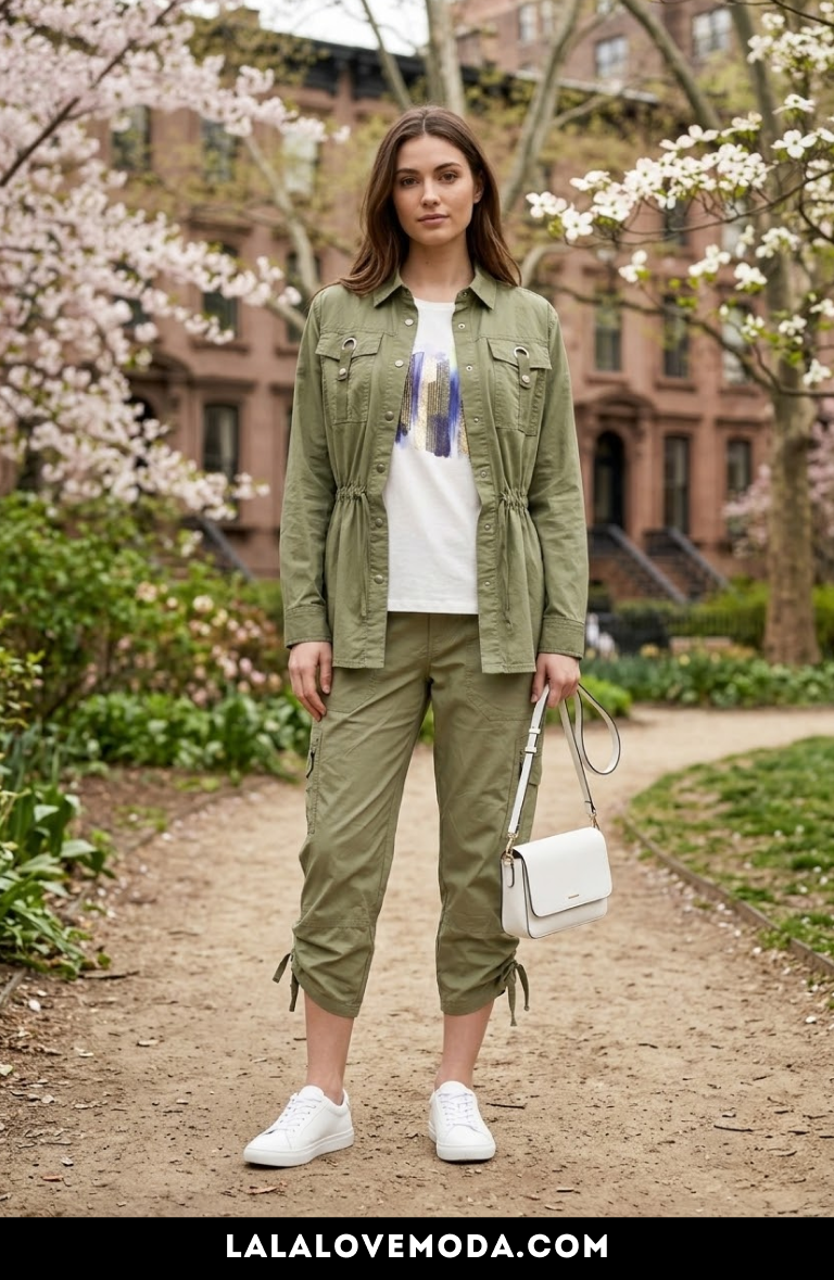 spring travel outfit for women olive utility jacket casual 