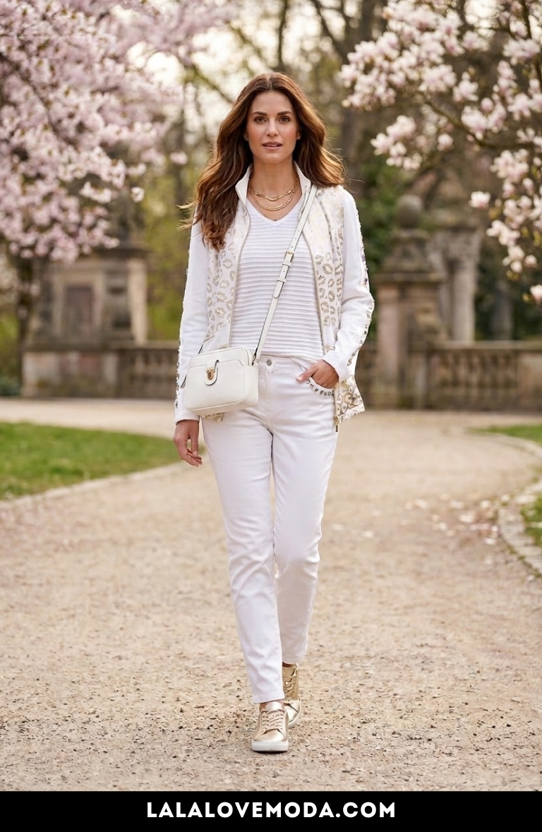 casual spring fashion white monochrome spring outfit for women with white vest, white sweater and white pants 