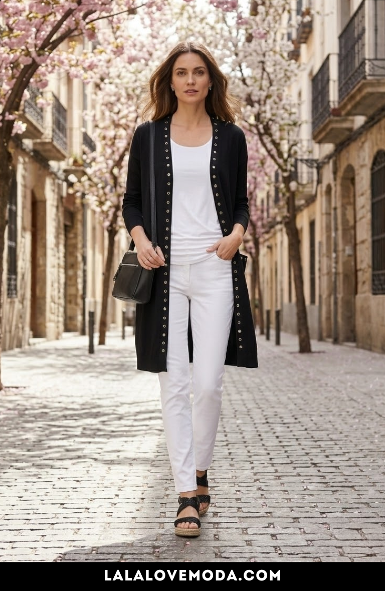spring outfit for women casual spring fashion black duster cardigan with white pants elegant 