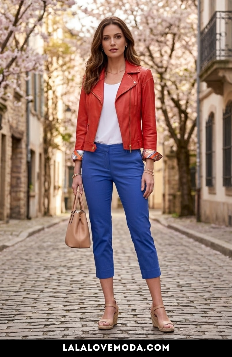 spring outfit idea for women orange leather jacket with blue cropped pants 