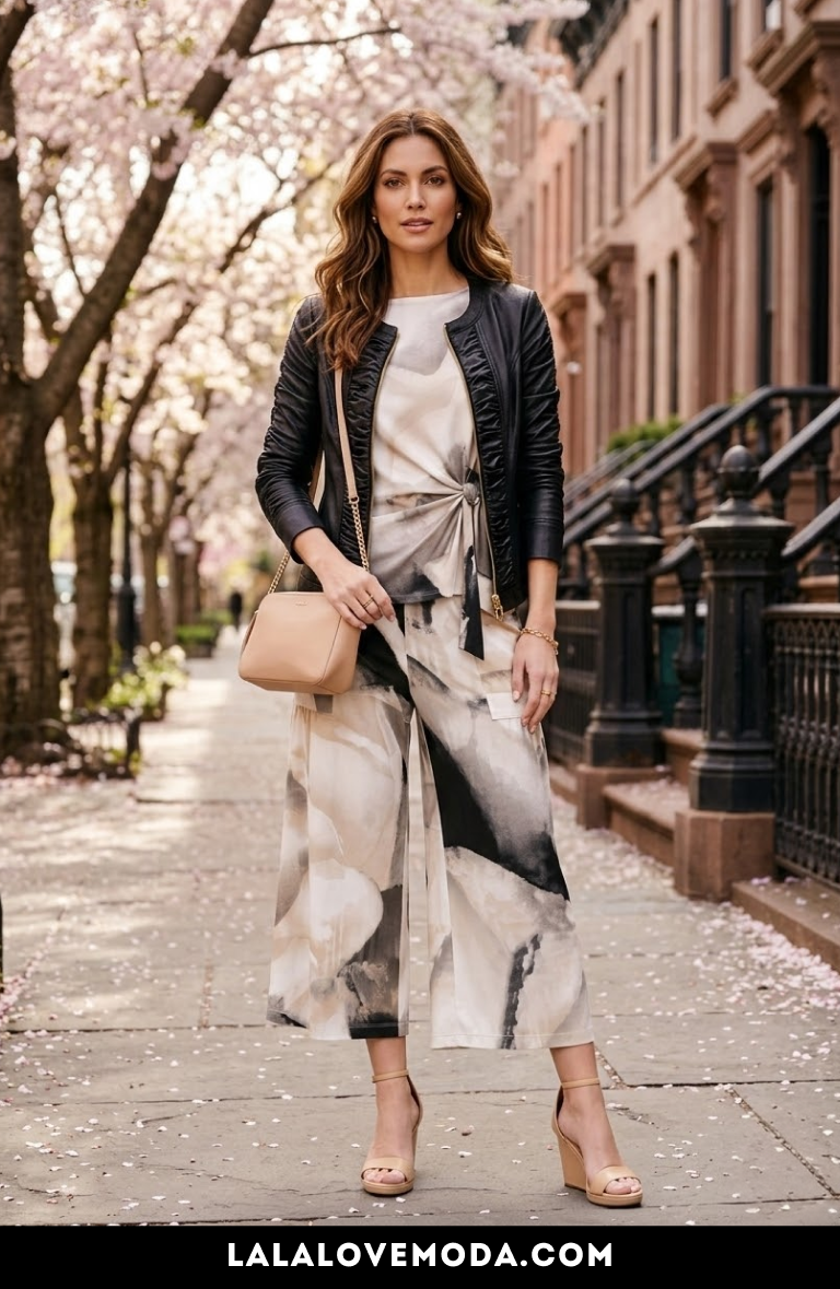chic spring outfits for women leather jacket layered over printed top and wide leg pants