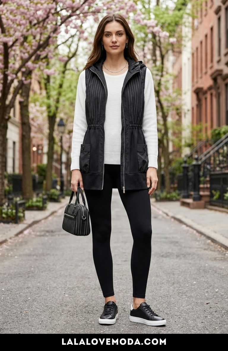 spring outfit for women athleisure spring fashion striped vest for women with leggings outfit idea