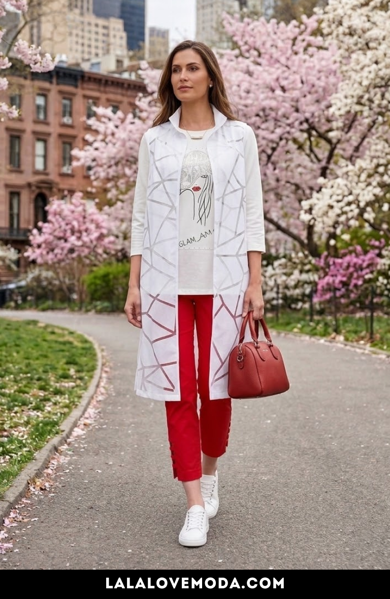 spring outfit for women  white cardigan with red cropped pants colorful spring fashion trends