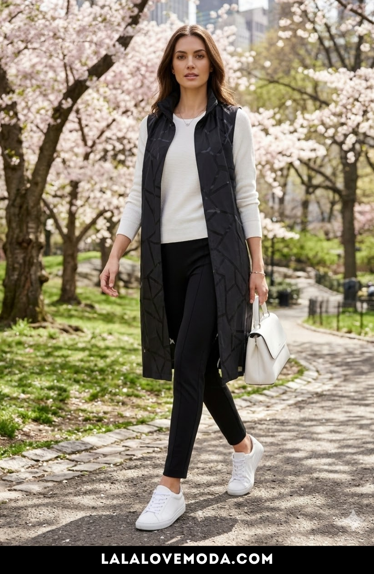 casual spring travel outfit for women black vest outfit with white sneakers 