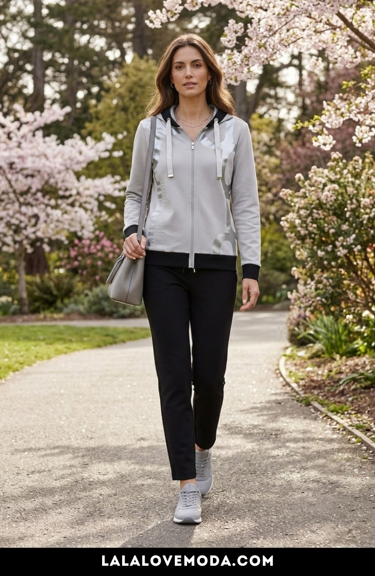 gray hoodie with black pants casual athleisure spring outfit for women