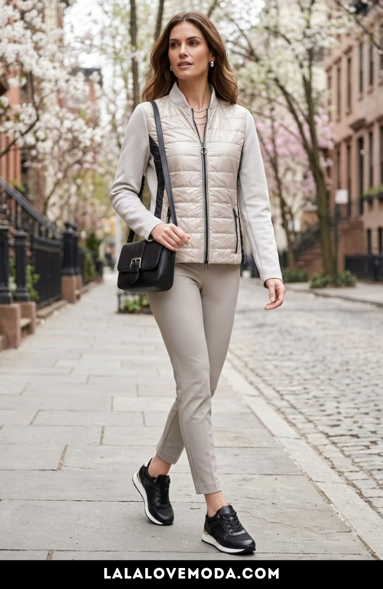 beige quilted jacket neutral spring outfit for women casual spring fashion