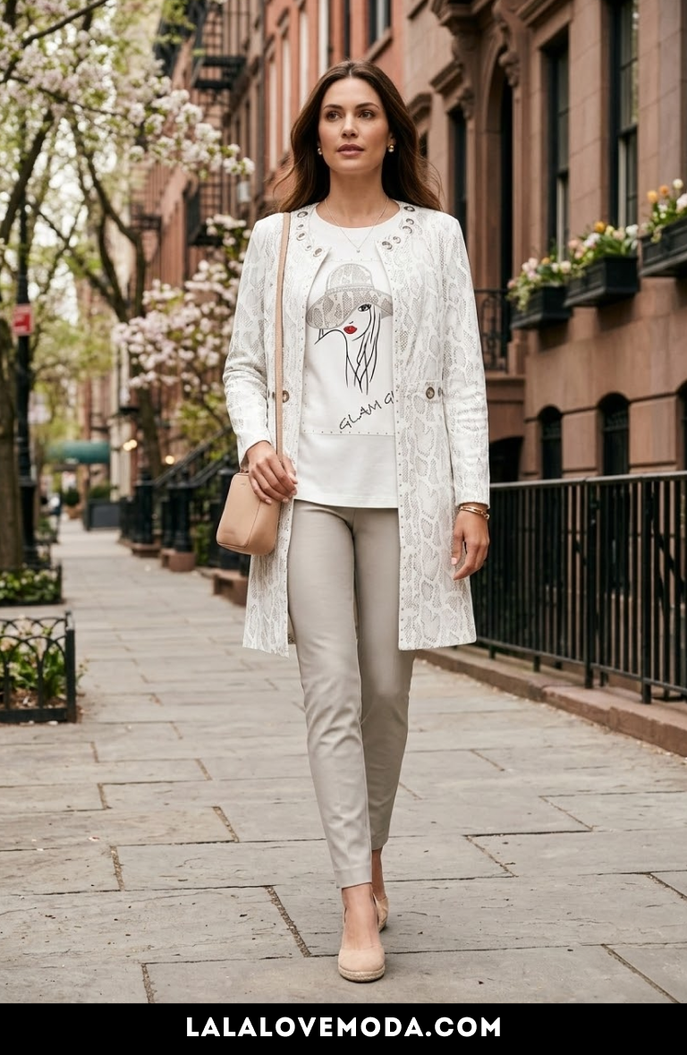 stylish spring outfit for women long graphic cardigan with neutral pants 