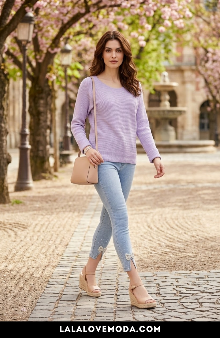 lavender sweater with light jeans spring outfit idea for women pastel spring fashion