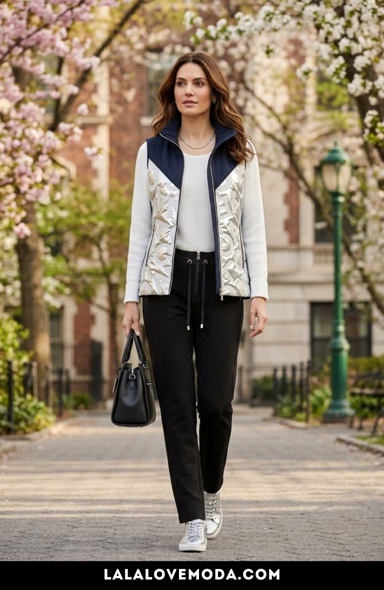 stylish spring outfit for women metallic quilted vest with black pants 