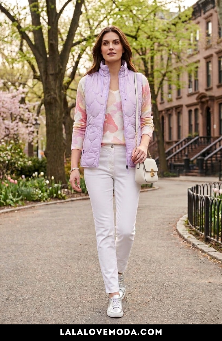 lilac quilted vest with white pants pastel spring outfit for women