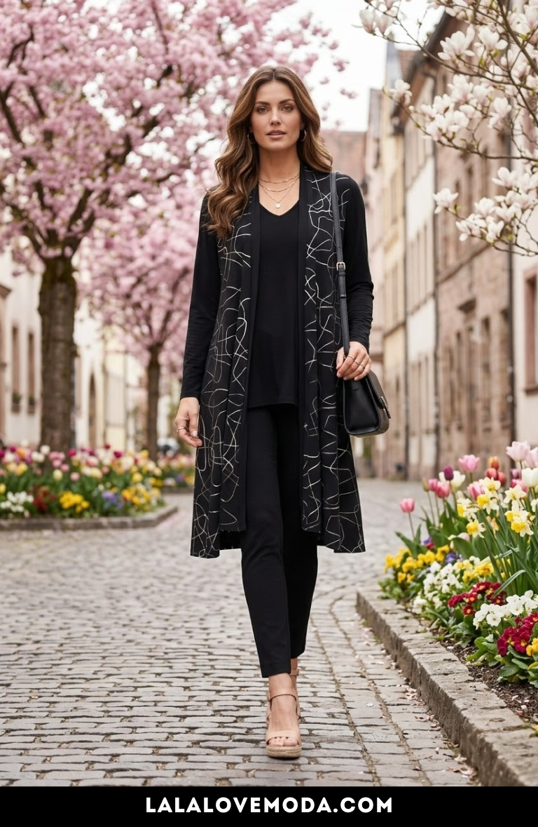 spring outfit for women long printed cardigan with black outfit elegant spring fashion style